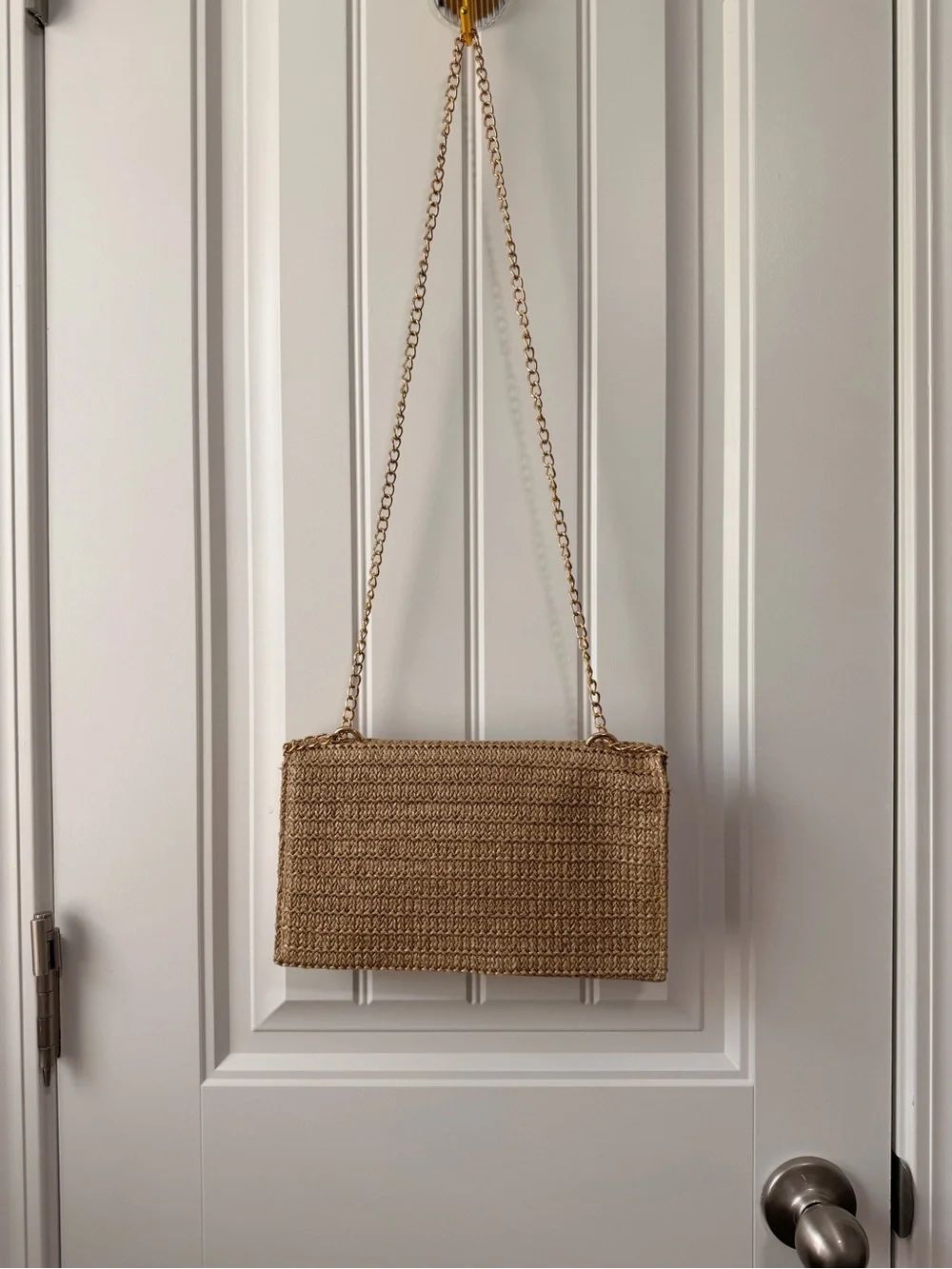 Tan Woven Shoulder Bag with Chain